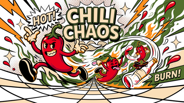 Pop Art Illustration of Angry Red Chili Peppers Racing and Skateboarding on a Hot Sauce Bottle for Spicy Food Promotion and Wall Art