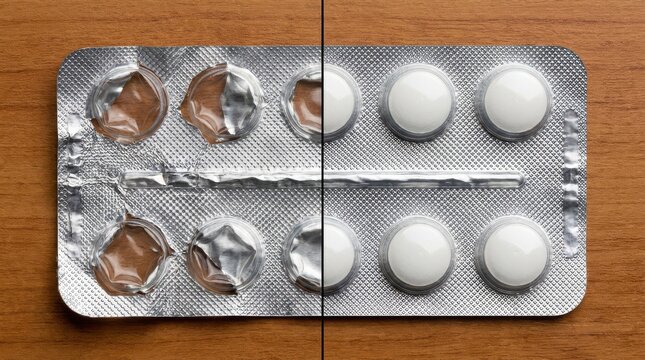Blister Pack of Pills Before and After Consumption on Wooden Surface