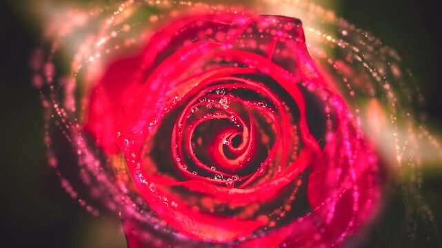 Vibrant close-up of a red rose with glowing, ethereal light effects.