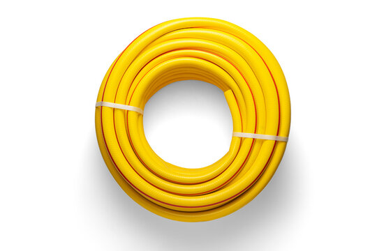 Coiled yellow garden hose isolated on white background, top view
