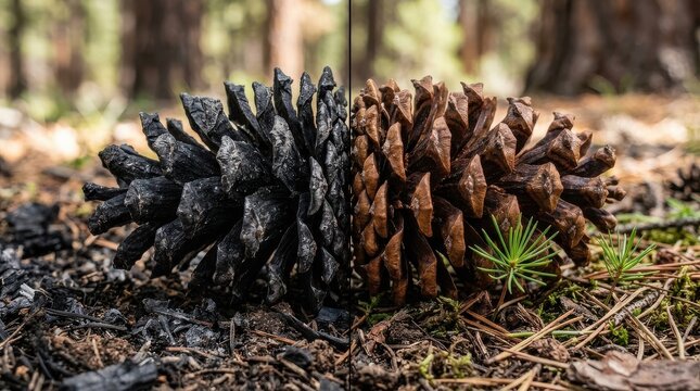 Pinecone Split Between Burnt and Natural Forest Floor After Wildfire