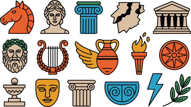 Ancient Greece mythology line color icon set featuring parthenon column zeus lyre torch amphora and trojan horse