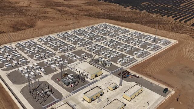 Aerial View of Utility-Scale Battery Energy Storage System and Substation in Arid Northwest China Desert