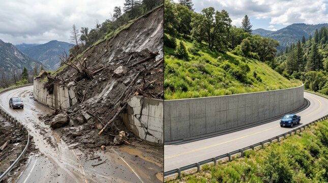 Retaining Wall Split Image Showing Mudslide Disaster and Restored Road