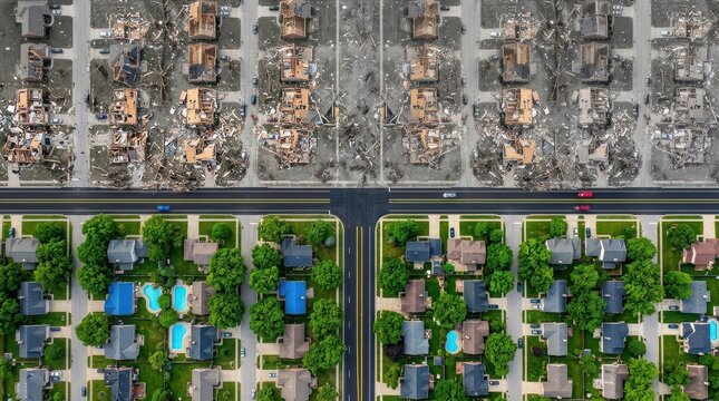Aerial View of Town Divided by Storm Damage and Untouched Homes