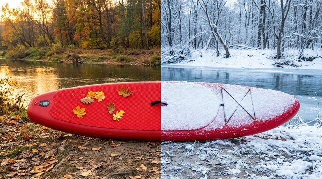 Red Paddleboard Split Image Showing Autumn Leaves and Winter Snow