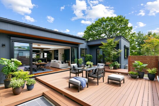 モダンな家とつながるウッドデッキと開放的な屋外リビング空間