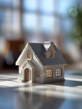 Small detailed model of a white suburban house with warm interior lighting placed on a reflective surface with a softly blurred bright background behind it
