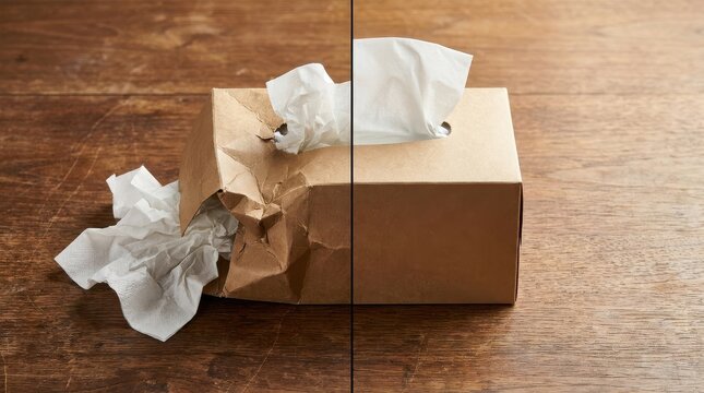 Half Used and Half New Tissue Box on Wooden Desk