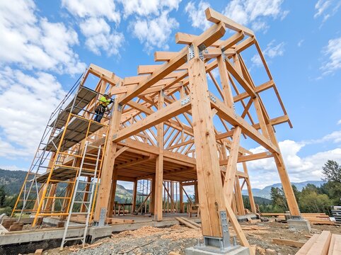 青空の下で木造の骨組みを組み立てる男性の建設現場