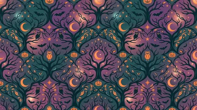 Ornate gnarled tree and owl pattern for halloween