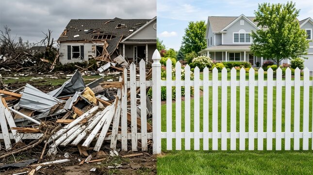 Split Scene: Tornado Destruction Contrasted with Rebuilt Suburban Home