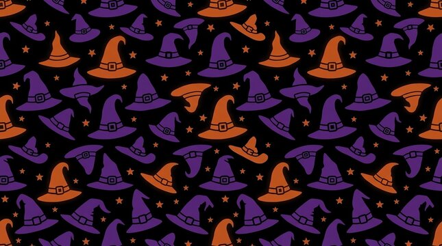 Seamless halloween pattern with witch hats and stars
