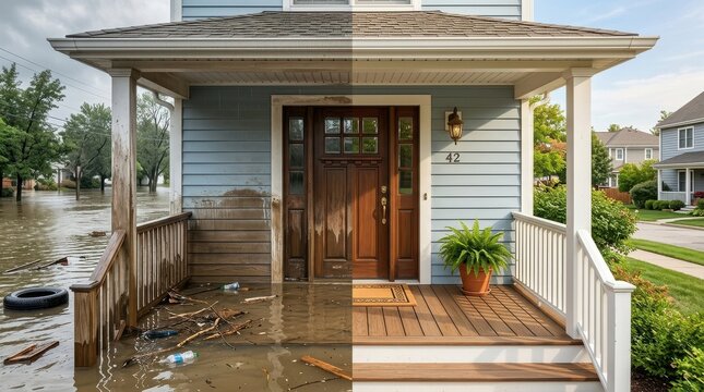 Before and After House Flood Damage Comparison with Clean Porch