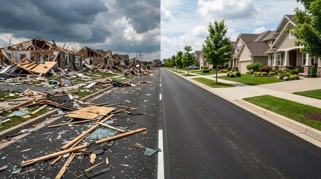 Suburban Street Split Showing Disaster Aftermath and Intact Neighborhood