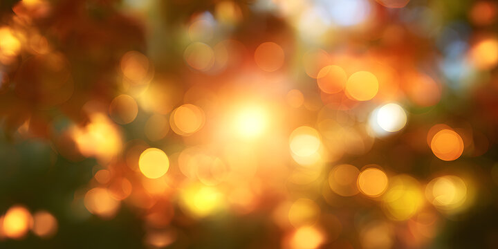 An abstract nature scene during the fall season, blurred out with multiple bokeh effects and a prominent bright center, framed by a soft vignette border. Artificially generated.