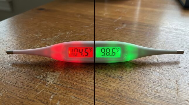 Split Digital Thermometer Showing High Fever and Normal Body Temperature