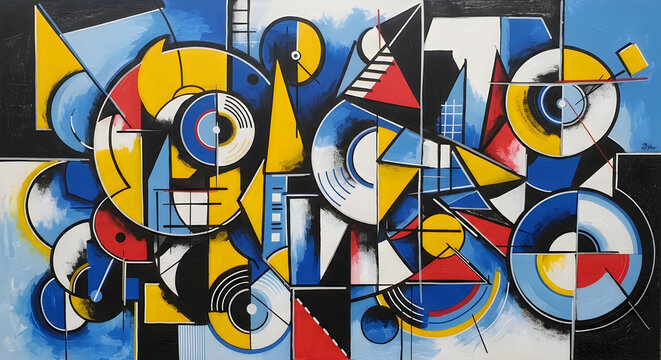 Abstract geometric painting with circles triangles and bold colors in a modern art style