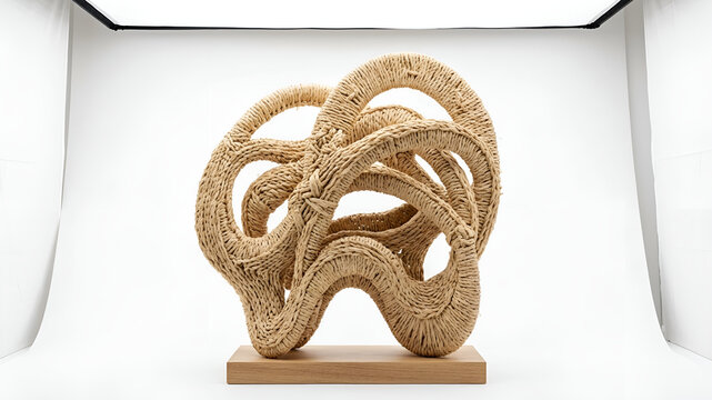 Modern Woven Raffia Fiber Sculpture on White Background