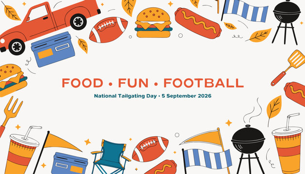 Festive tailgating celebration graphic featuring snacks football games and picnic items