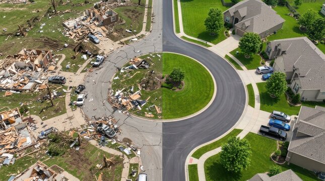 Aerial Split View of Suburban Culdesac After Tornado Damage Versus Undamaged Scene