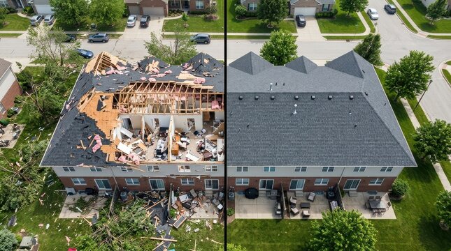 Aerial View of Suburban Home Severely Damaged by Tornado Versus Repaired State
