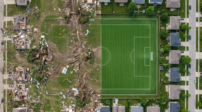 Devastating Tornado Path Slicing Through Residential Neighborhood and Sports Field