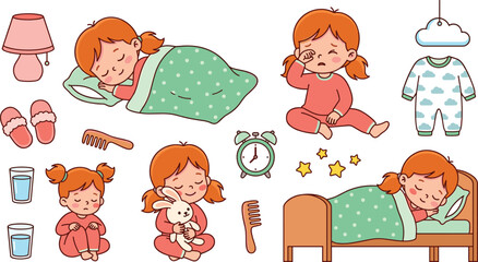 Little Girl Bedtime Routine Character Set with Toddler Sleeping in Bed Crying Tired Hugging Plush Toy and Pajamas Vector Illustrations