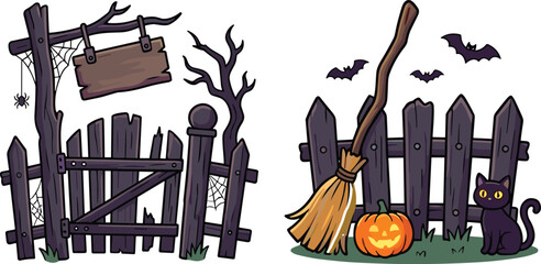 Cute Halloween cartoon vector illustration set featuring wooden cemetery gate hanging sign witch broom black cat carved pumpkin and flying bats isolated on white background