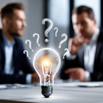 Businessmen in deep discussion brainstorming innovative ideas with glowing light bulb and question marks symbolizing creative problem-solving and inspiration