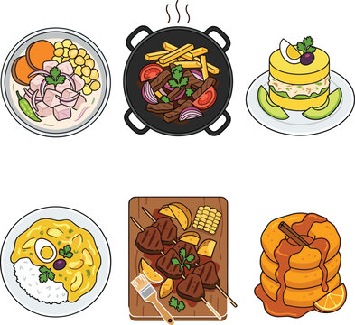 Peruvian Food Vector Illustration Set Featuring Traditional Dishes Like Ceviche, Lomo Saltado, Causa Rellena, Aji de Gallina, and Anticuchos for Menus