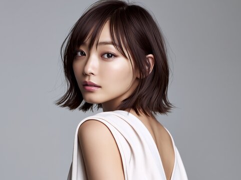 ショートヘアの若い日本人女性が静かにこちらを見るポートレート