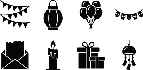 Naklejka premium Celebration silhouettes of party banners, lantern, balloons, skull garland, envelope, candle, gift boxes, and wind chime