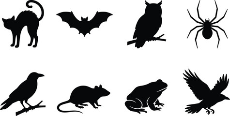 Wild animal silhouette set featuring black cat flying bat perched owl spider raven rat frog flying crow isolated on white background vector