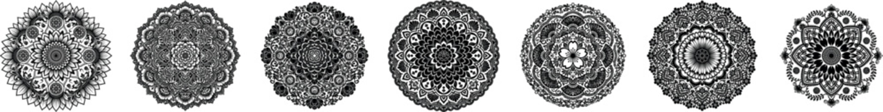 A collection of seven intricate black and white circular mandala patterns arranged in a horizontal row presented as an isolated on transparent background