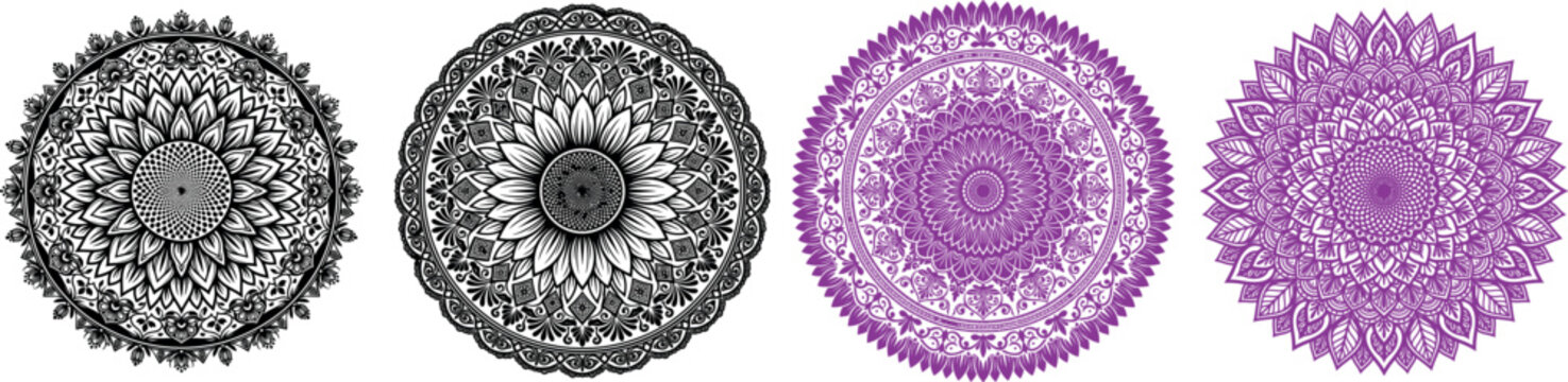 A collection of four intricate circular mandala patterns featuring two black and two purple designs presented as an isolated object on isolated on transparent background
