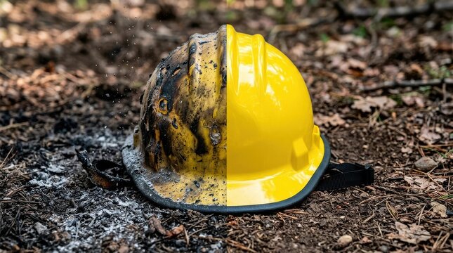 Half Burned Yellow Firefighter Helmet on Dirt Ground After Wildfire