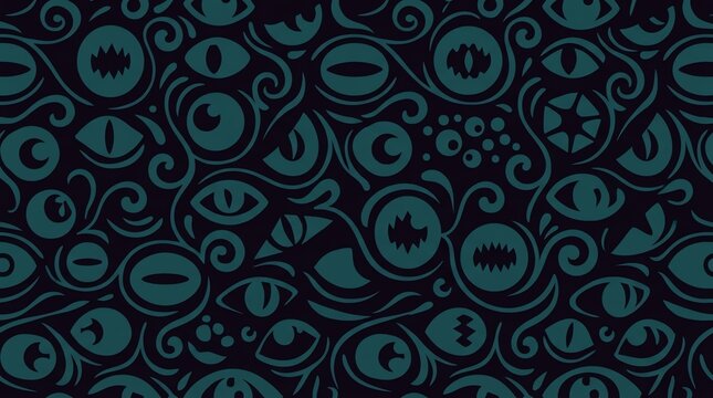 Spooky monster eyes and swirls seamless pattern on black