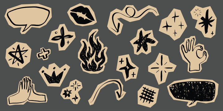 Scrapbook paper cutouts featuring hand drawn hearts, sparkles, and lightning bolts. Y2K aesthetic sticker elements perfect for journals, notebooks, and vintage collages. Doodle vector illustration