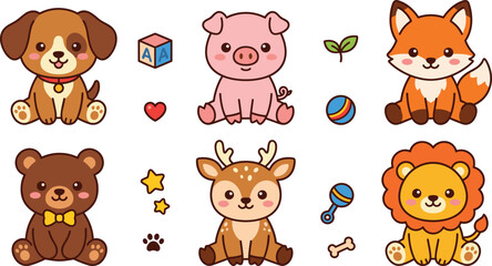 Cute Baby Animal Cartoon Character Set with Little Sitting Puppy Dog Piglet Fox Bear Cub Deer Fawn and Lion Cub Vector Illustrations © MstAkhlima