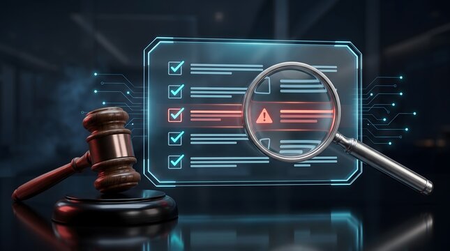 Wooden gavel next to a magnifying glass inspecting a glowing digital checklist with an error warning. Concept of legal compliance audit and regulatory risk assessment.