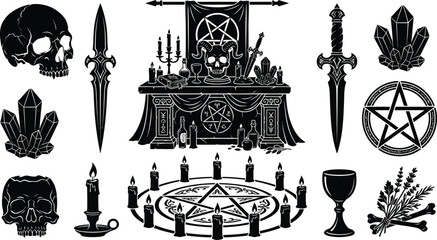 Occult Symbols And Ritual Objects Black Silhouette On White Background © TangemTalukder