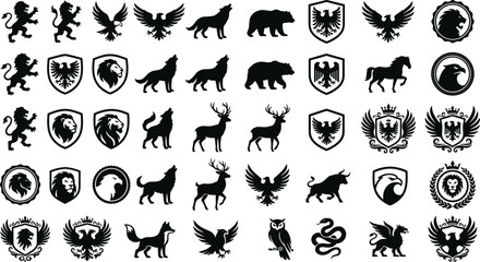 Obraz premium Heraldic Animal and Wildlife Silhouette Icon Set with Lions Eagles Wolves Bears Deers Shields and Royal Premium Crest Emblem Symbols for Brand Logo