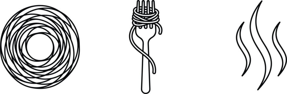  Minimalist Italian spaghetti icons set showing a round noodle nest fork swirl and hot steam line art symbols.eps