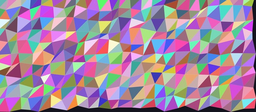 Abstract geometric pattern with a vibrant and colorful mosaic of triangles in various shades of pink, purple, blue, and green.