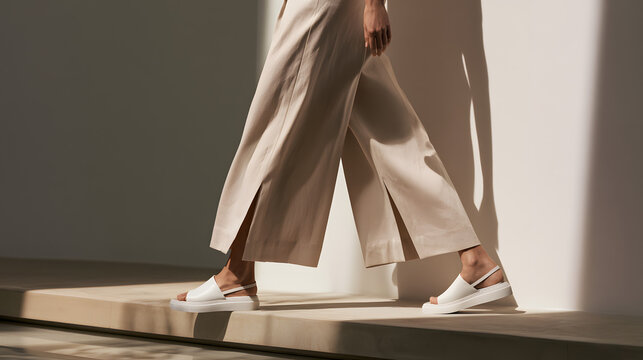 a woman strides along a wall, her beige wide-leg pants accentuated by white sneakers. Slits in the trousers and minimalist sandals complete her look, with soft leather sandals adding to the scene