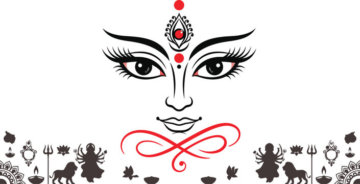  Goddess Durga Face Vector Artwork with Festive Durga Puja Elements
