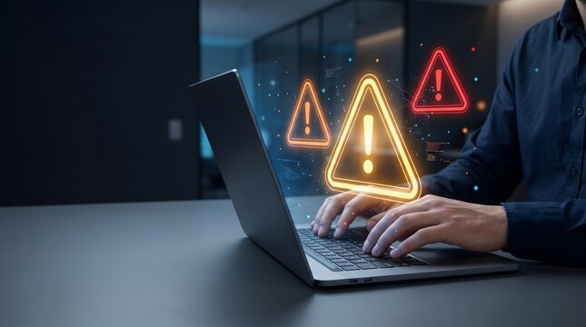 Businessman typing on laptop keyboard with glowing warning triangles. Concept of cyber security alert, system error notification, and risk management.