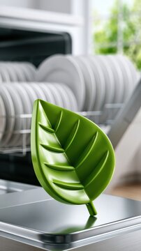 Innovative green leaf-shaped kitchen strainer placed on counter with clean white dishes drying in the background showing eco-friendly home tools