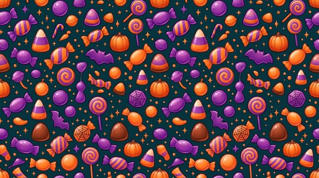 Colorful halloween candy and treat seamless pattern